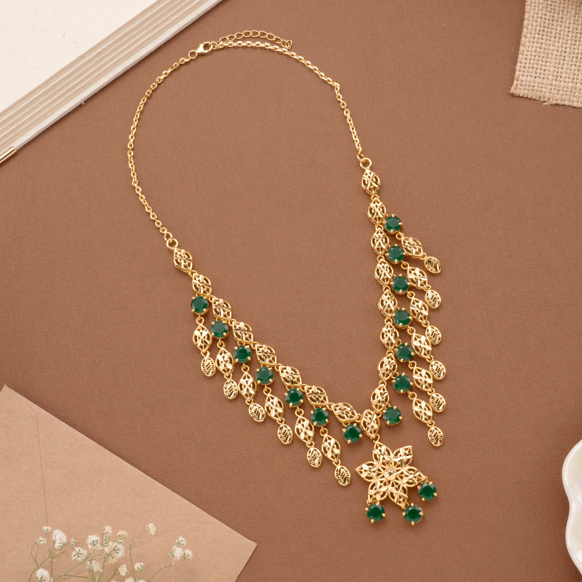 Elegant Green Stone Drops Golden Necklace Set