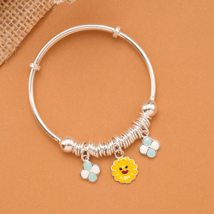Smiley Sun & Clover Charm Baby Silver Bangle