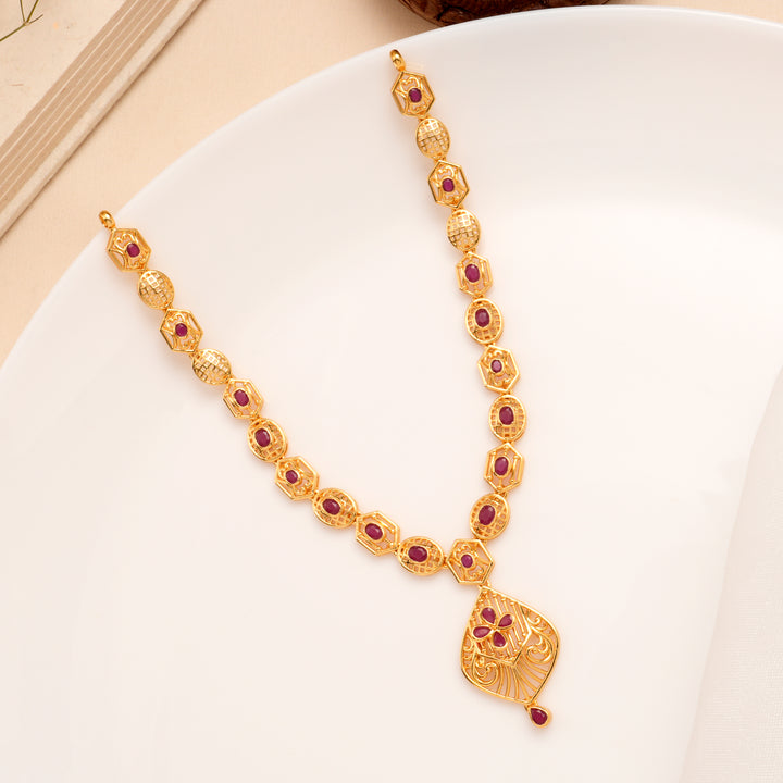 Geometric Ruby Filigree Pendant Necklace Set
