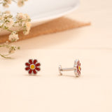 Red Daisy Flower Enamel Silver Stud