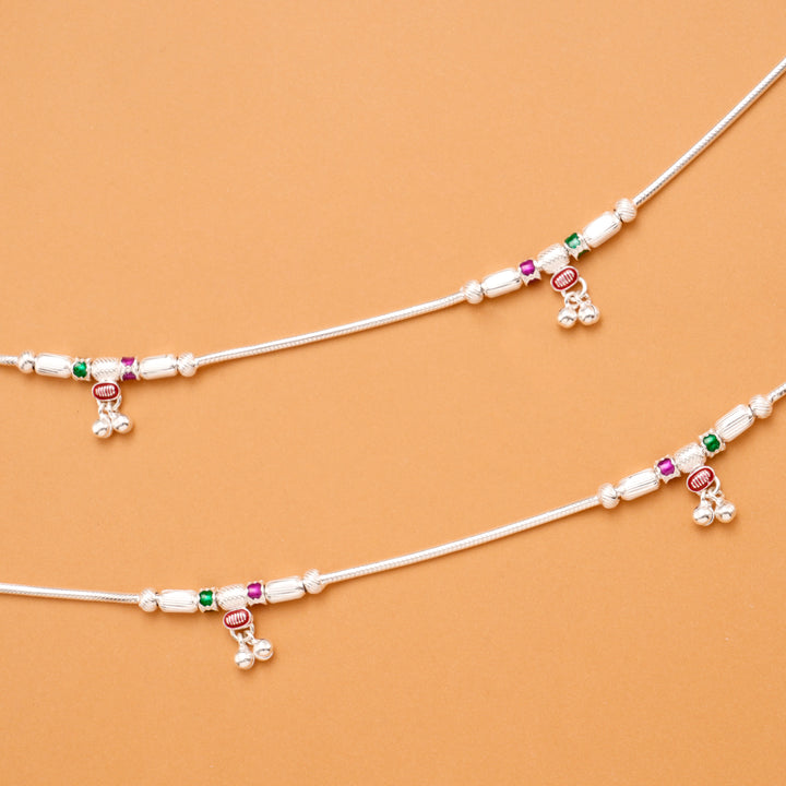 Green with Pink Bead Enamel Silver Anklet