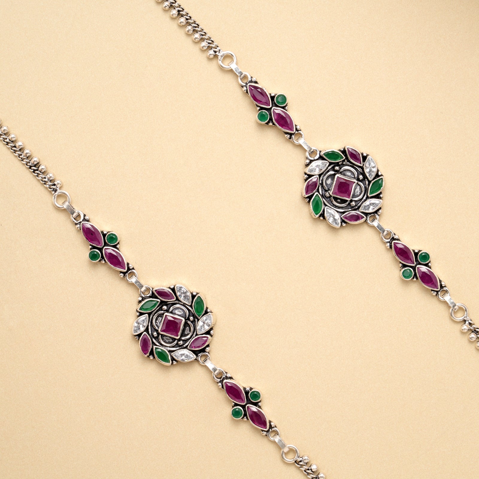 Antique Emerald Ruby Heritage Silver Anklet