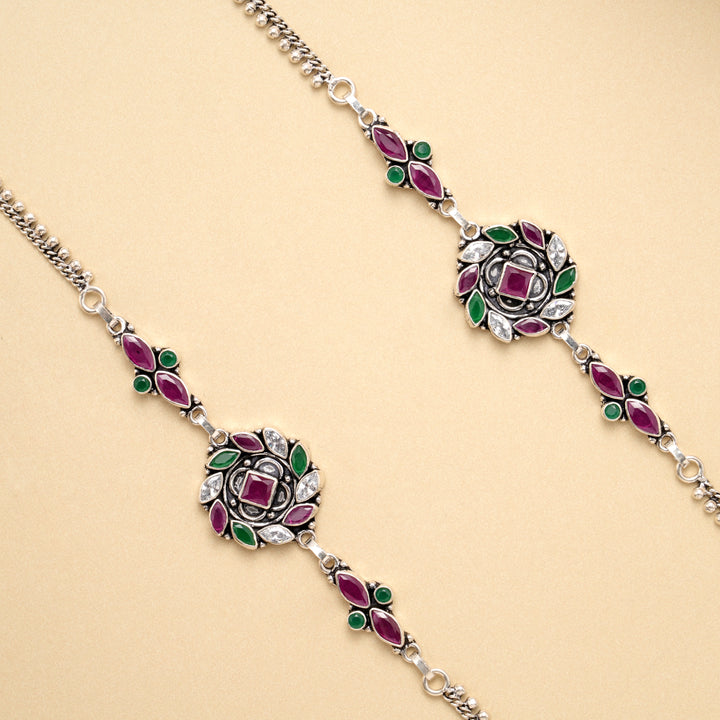 Antique Emerald Ruby Heritage Silver Anklet