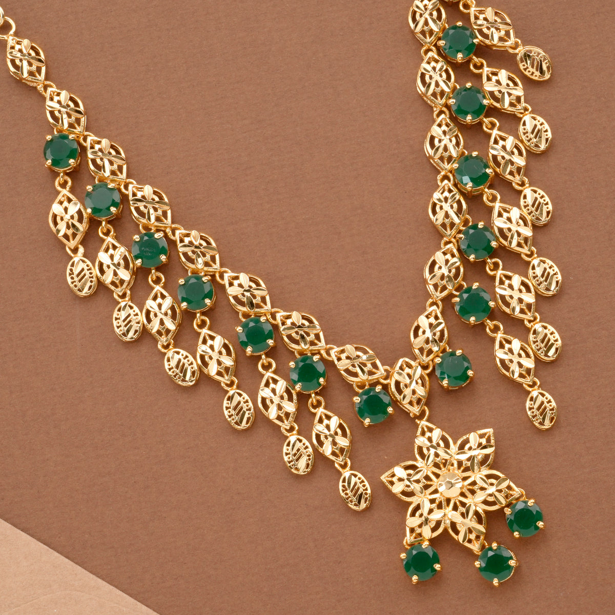 Elegant Green Stone Drops Golden Necklace Set