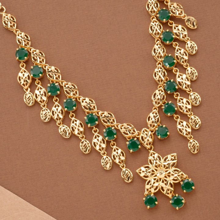 Elegant Green Stone Drops Golden Necklace Set