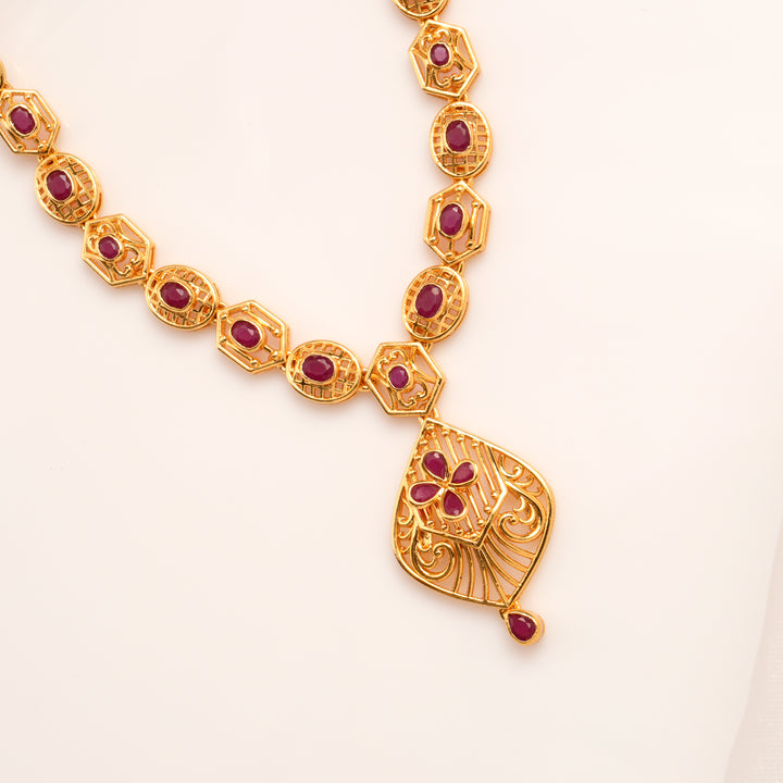 Geometric Ruby Filigree Pendant Necklace Set