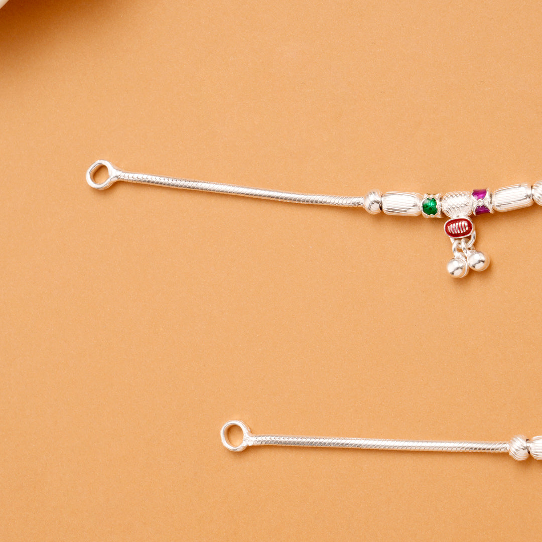 Green with Pink Bead Enamel Silver Anklet