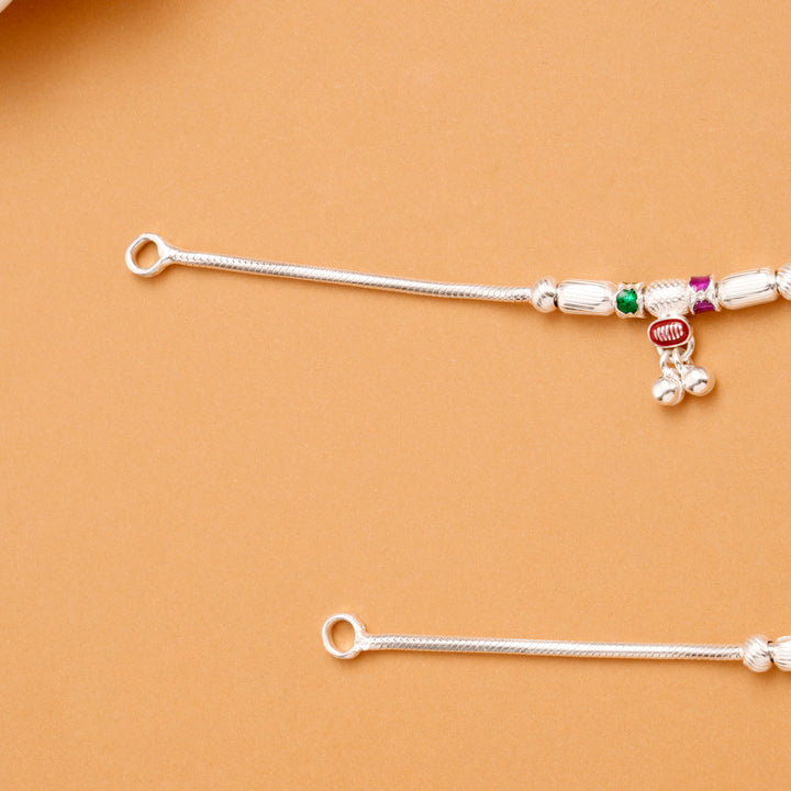 Green with Pink Bead Enamel Silver Anklet