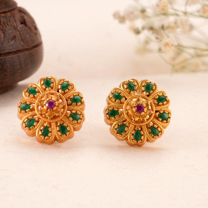 Ruby and Emerald Flower Pattern Kundan Stud
