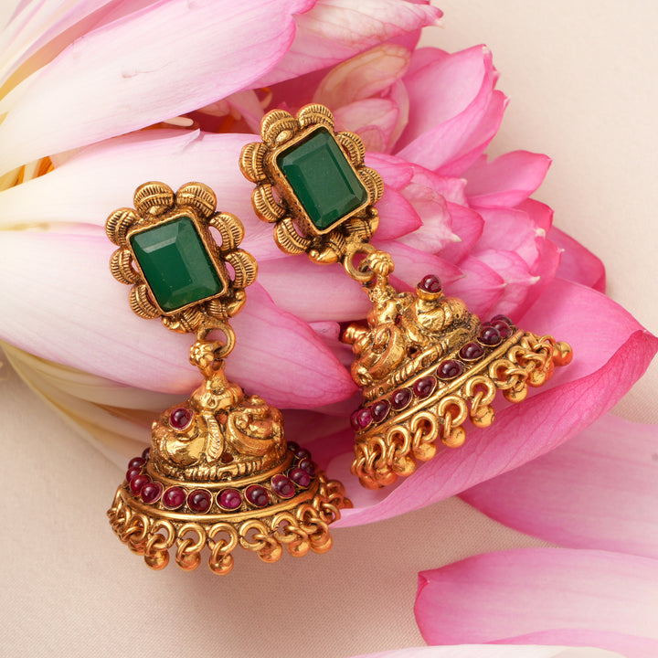 Antique Halo Emerald with Golden Balls Earrings