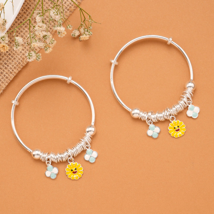 Smiley Sun & Clover Charm Baby Silver Bangle