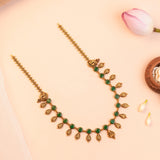 Gold Plated Silver Antique Green Stone Necklace with Lakshmi Teardrop Charms