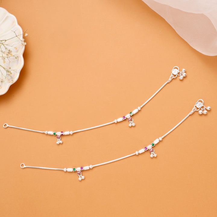 Green with Pink Bead Enamel Silver Anklet