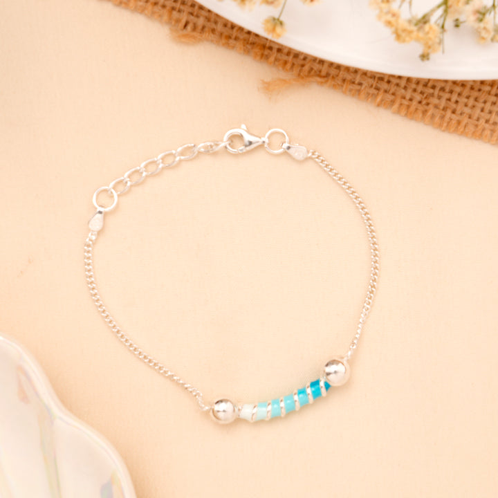 Blue & White Spiral Bead Baby Silver Bracelet