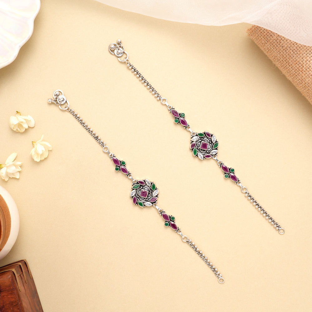Antique Emerald Ruby Heritage Silver Anklet