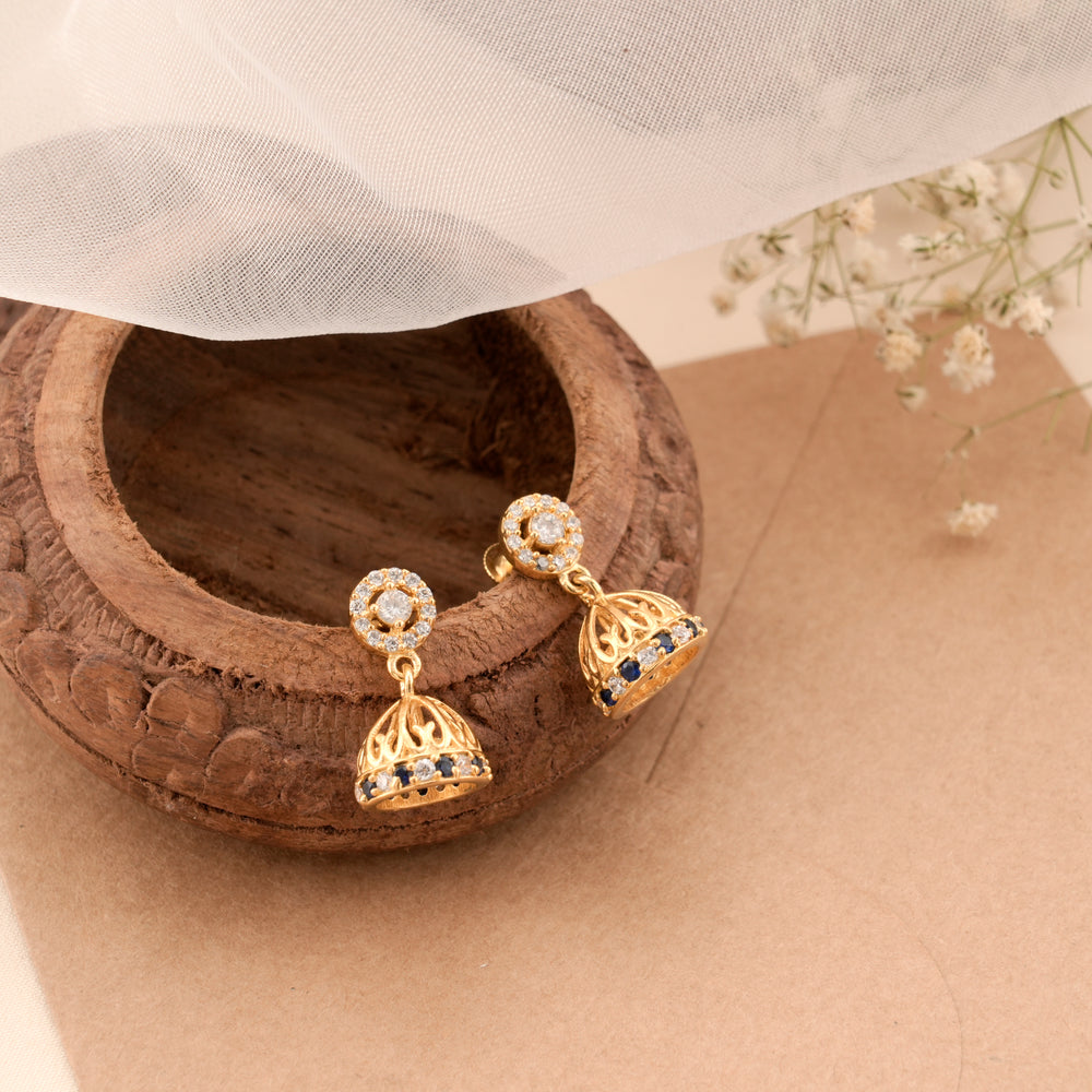 Bloom Sapphire Blue Stone Golden Jhumkas