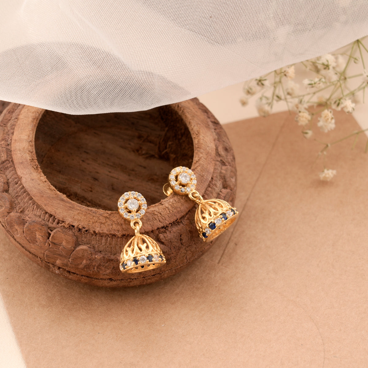 Bloom Sapphire Blue Stone Golden Jhumkas