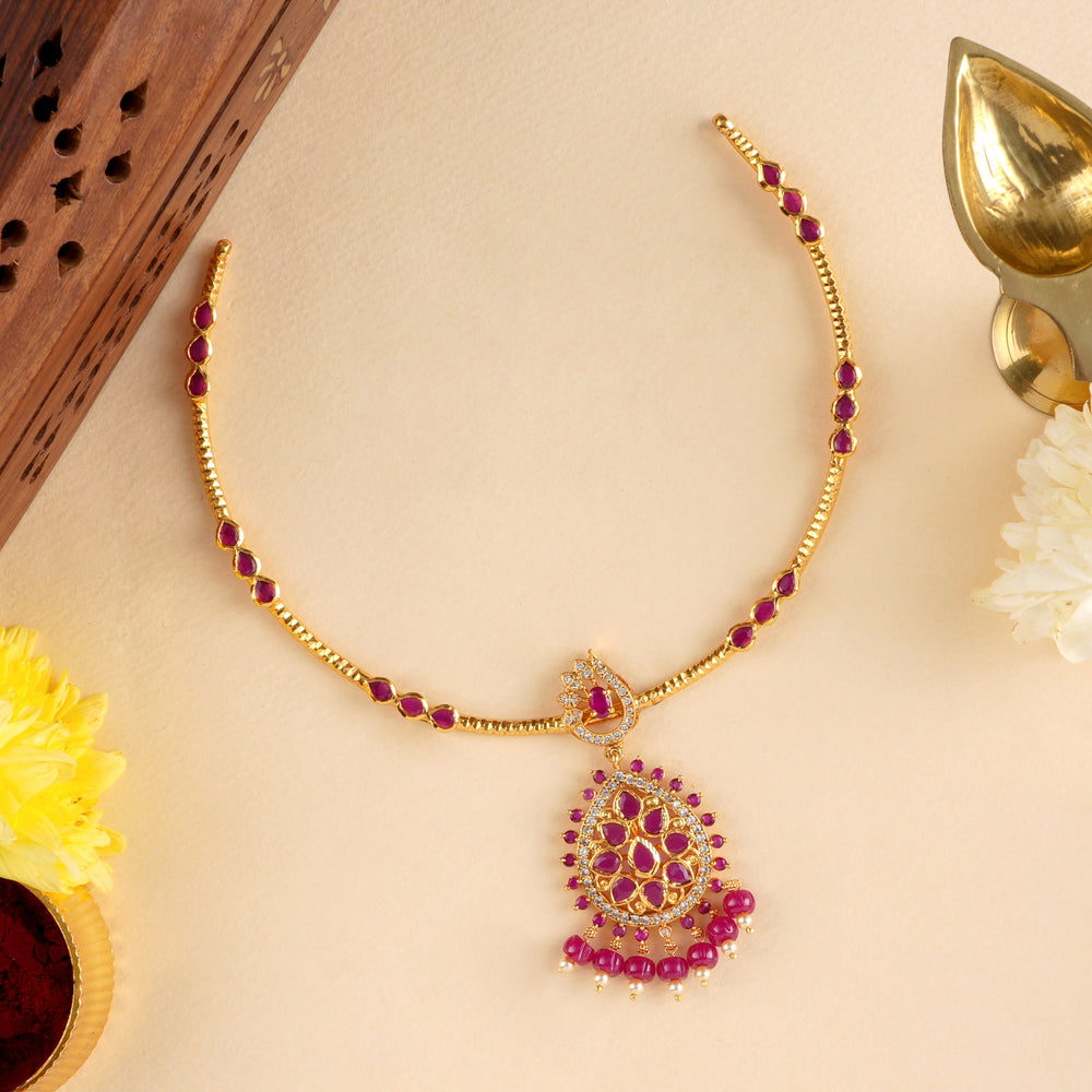 Attigai Style Ruby Leaf Pendant Necklace