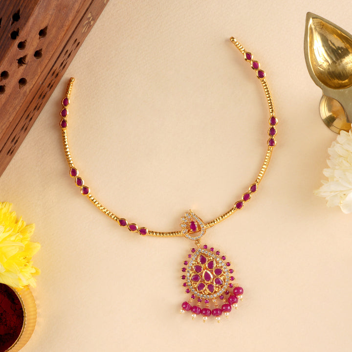 Attigai Style Ruby Leaf Pendant Necklace