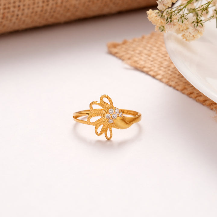 Golden Leaf Petals White Stone Ring