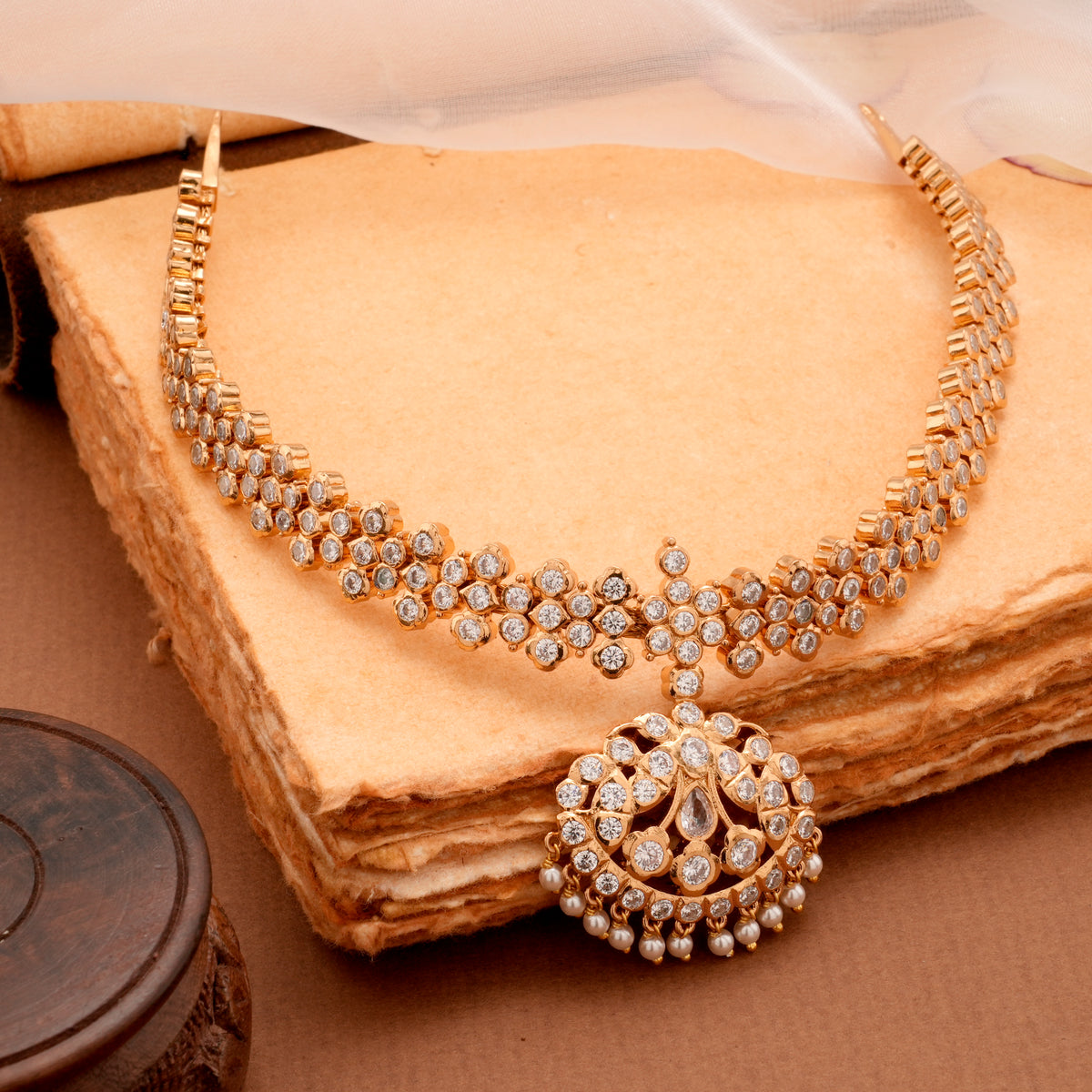 Traditional Gold Plated Attigai with White Stones