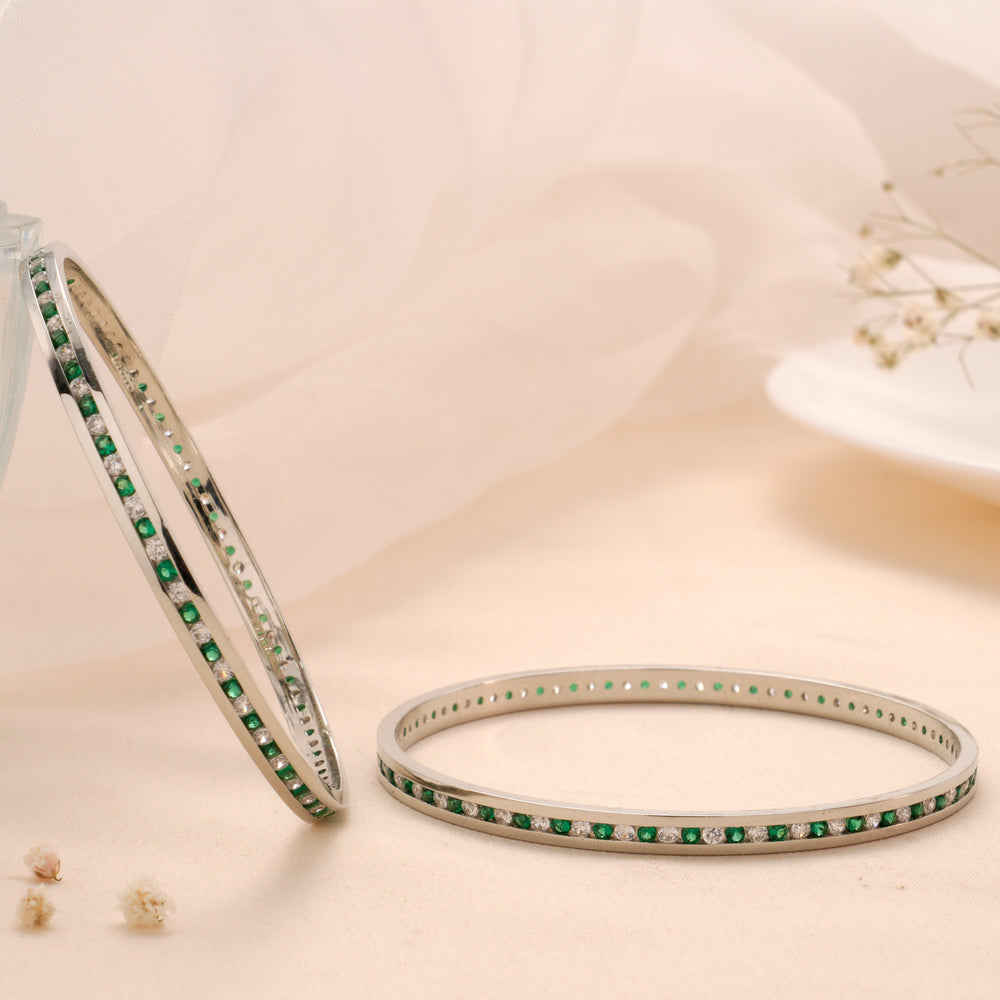 Green & White Gemstone Silver Bangle