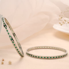 Green & White Gemstone Silver Bangle