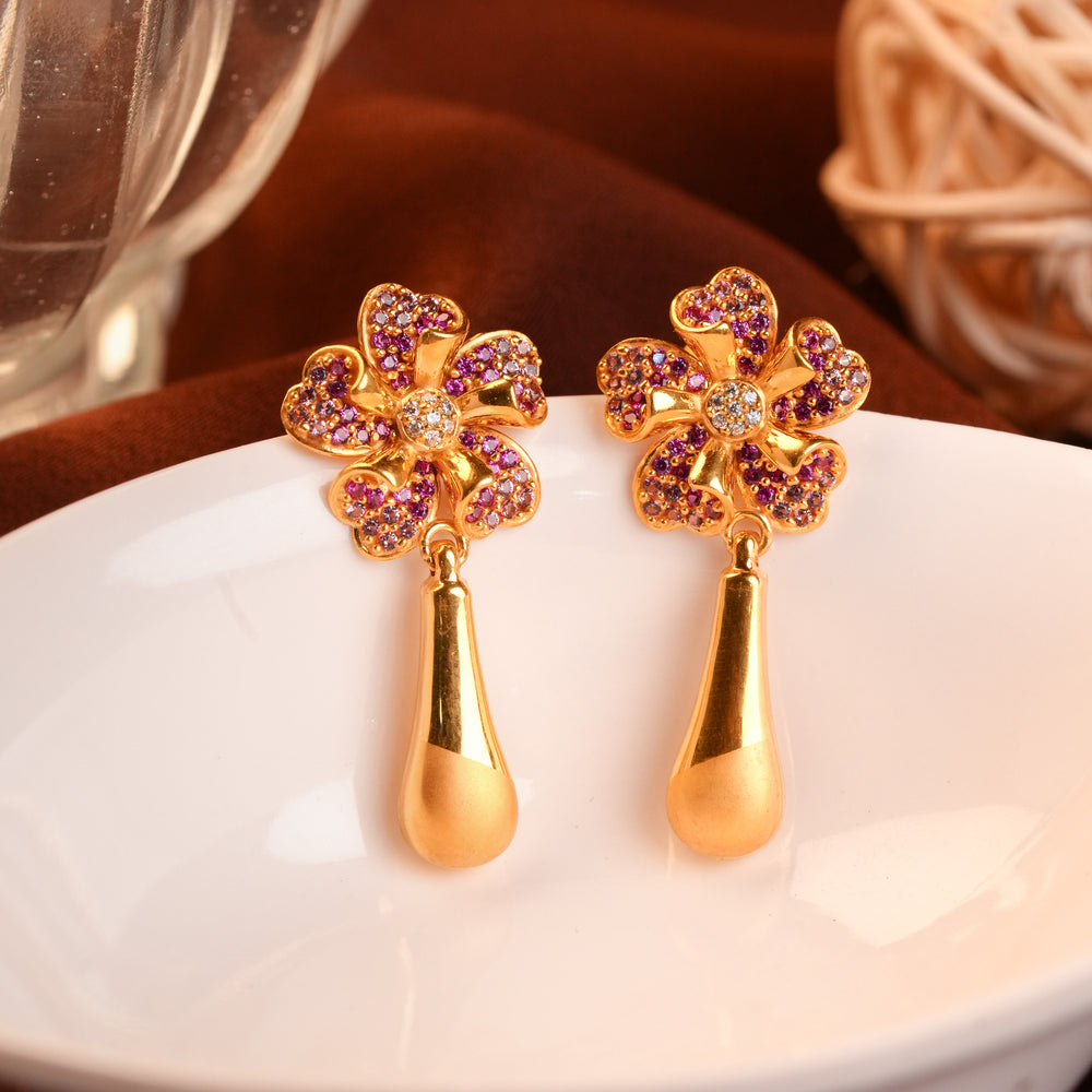 Gold Blossom Earrings with Teardrop Danglers