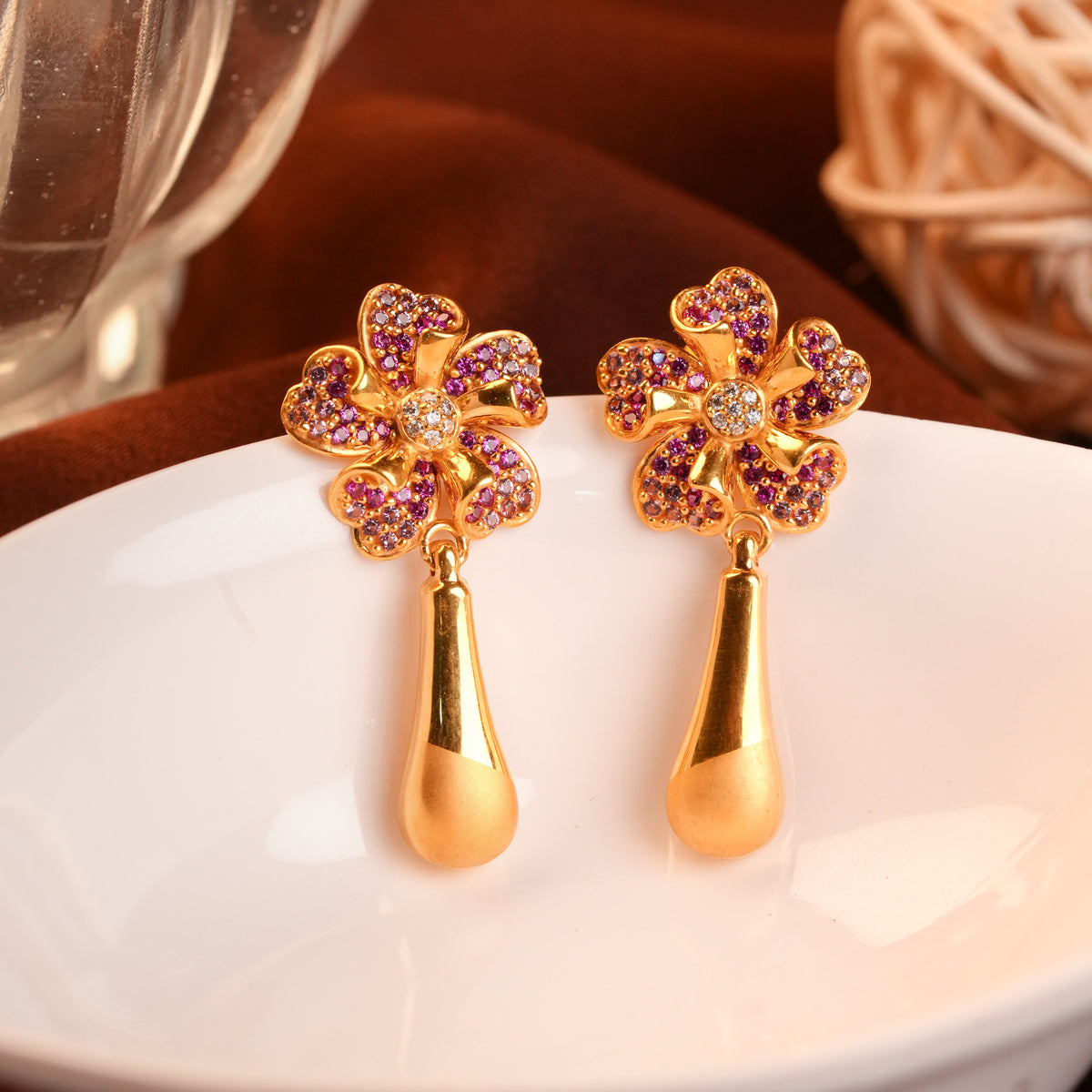 Gold Blossom Earrings with Teardrop Danglers