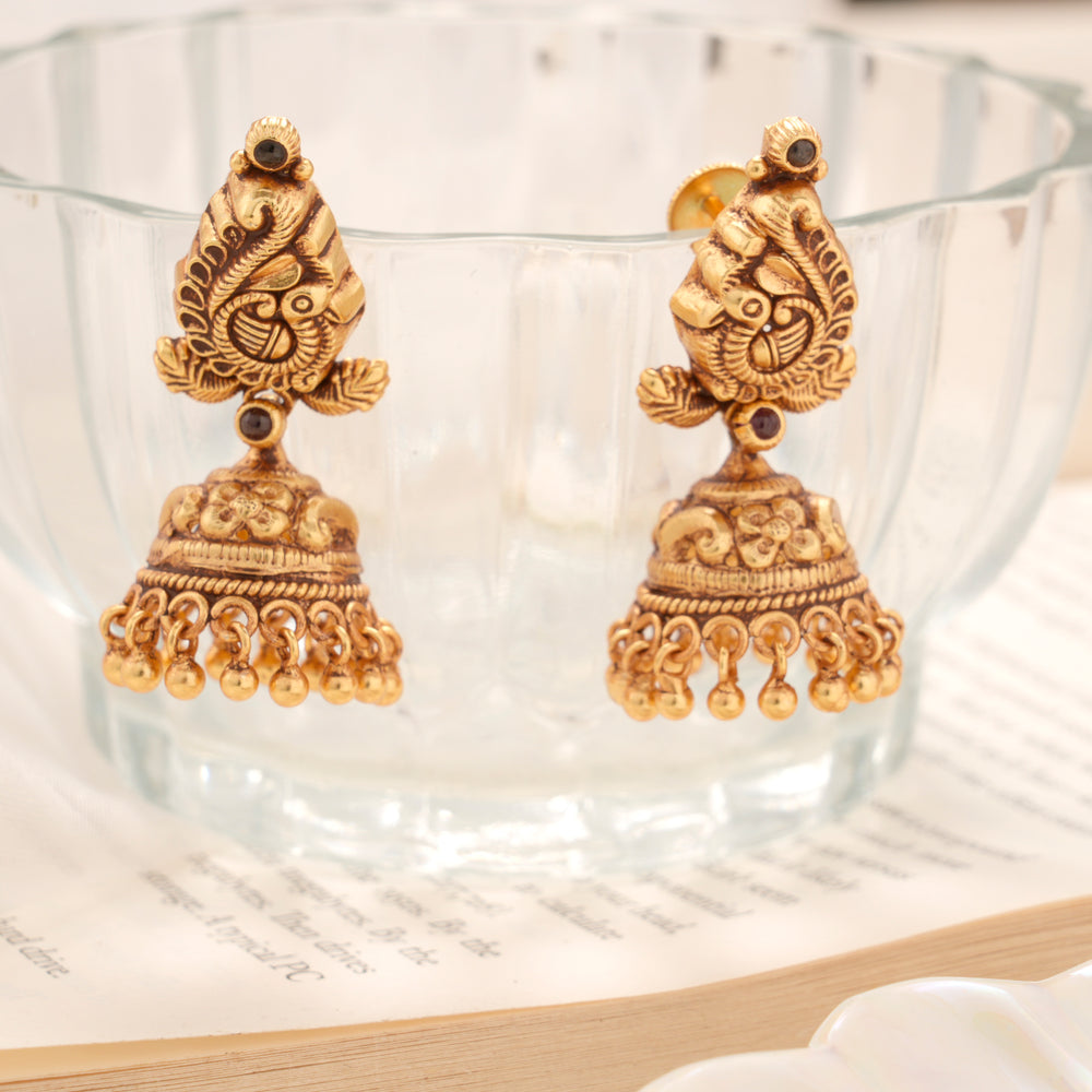 Peacock Carved Temple Golden Jhumka