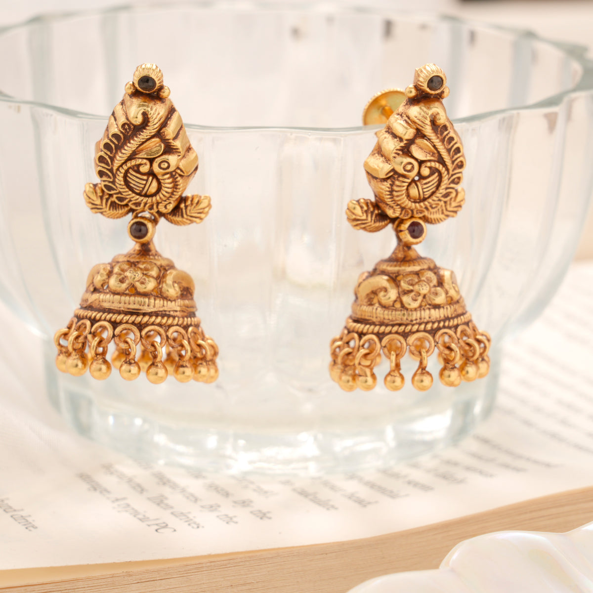 Peacock Carved Temple Golden Jhumka