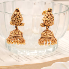 Peacock Carved Temple Golden Jhumka