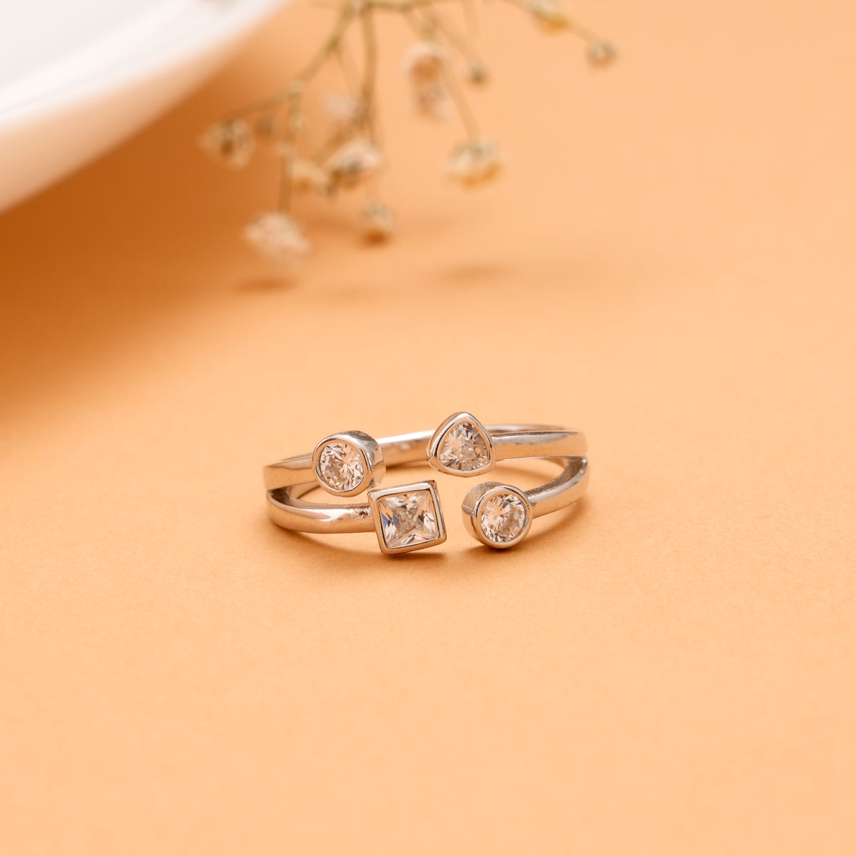 Twin Band Multi Stone Design Silver Ring