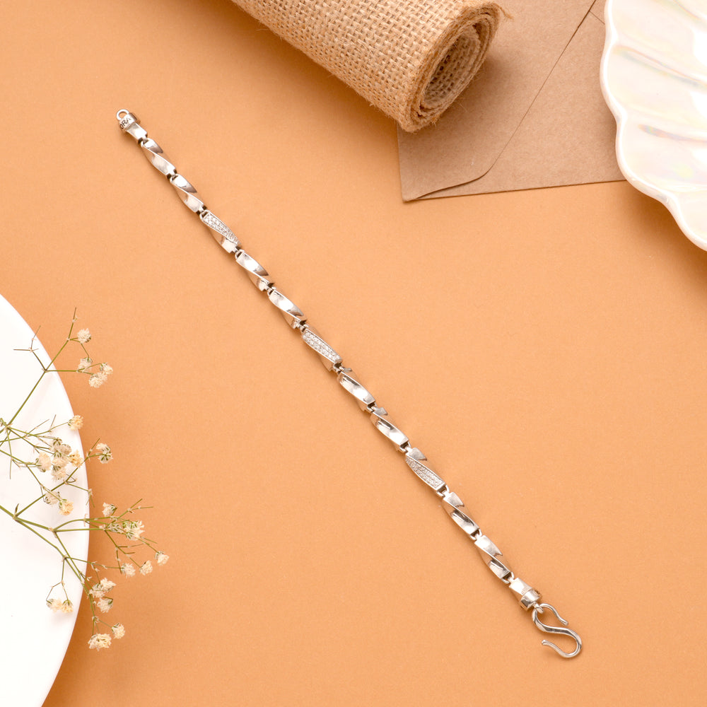 Dotted Stone Cut Link Men's Silver Bracelet
