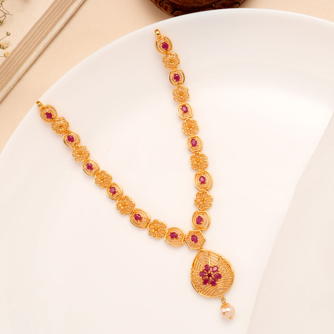 Pearl Drop Floral Ruby Necklace Set