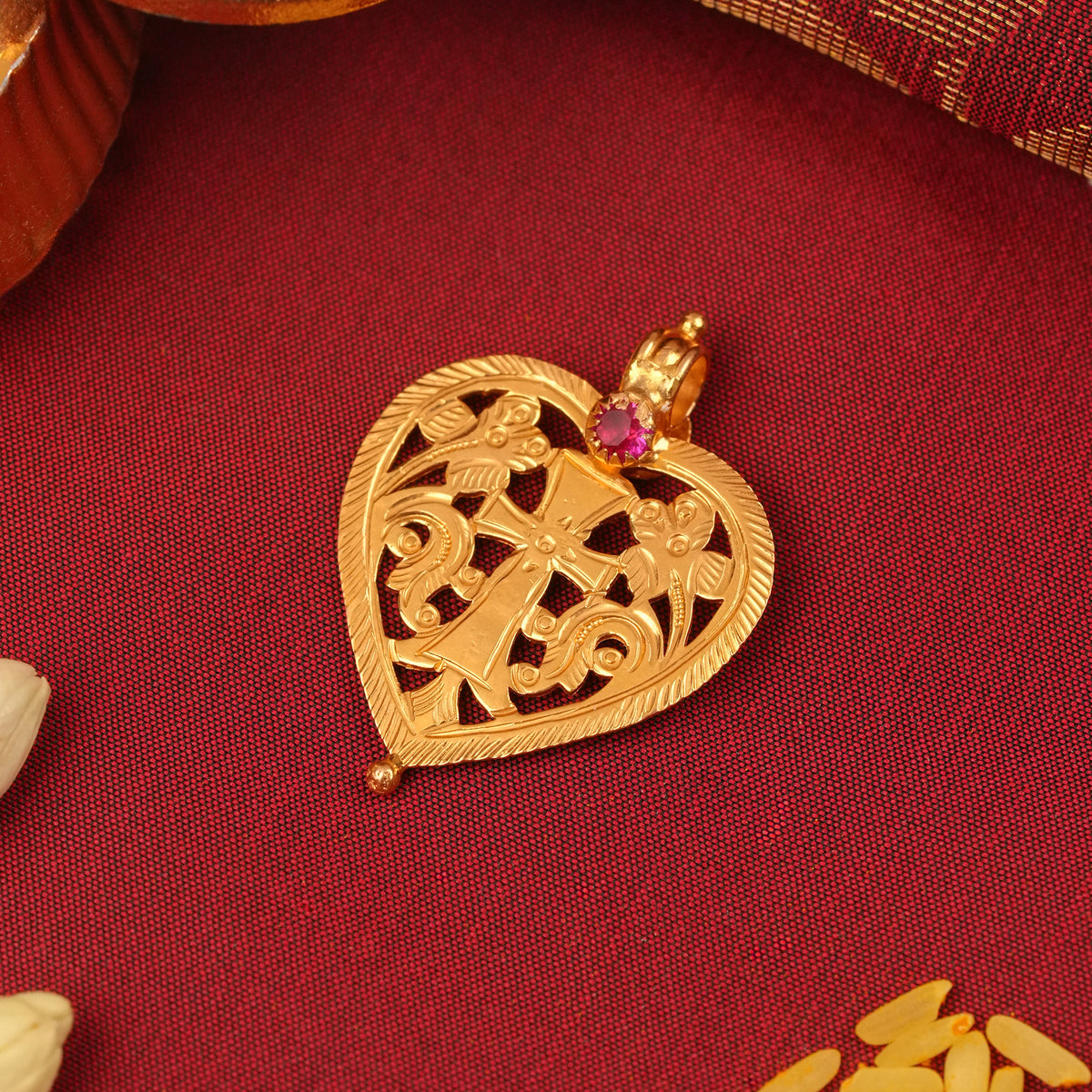 Gold Heart Shaped Cross Thali Pendant
