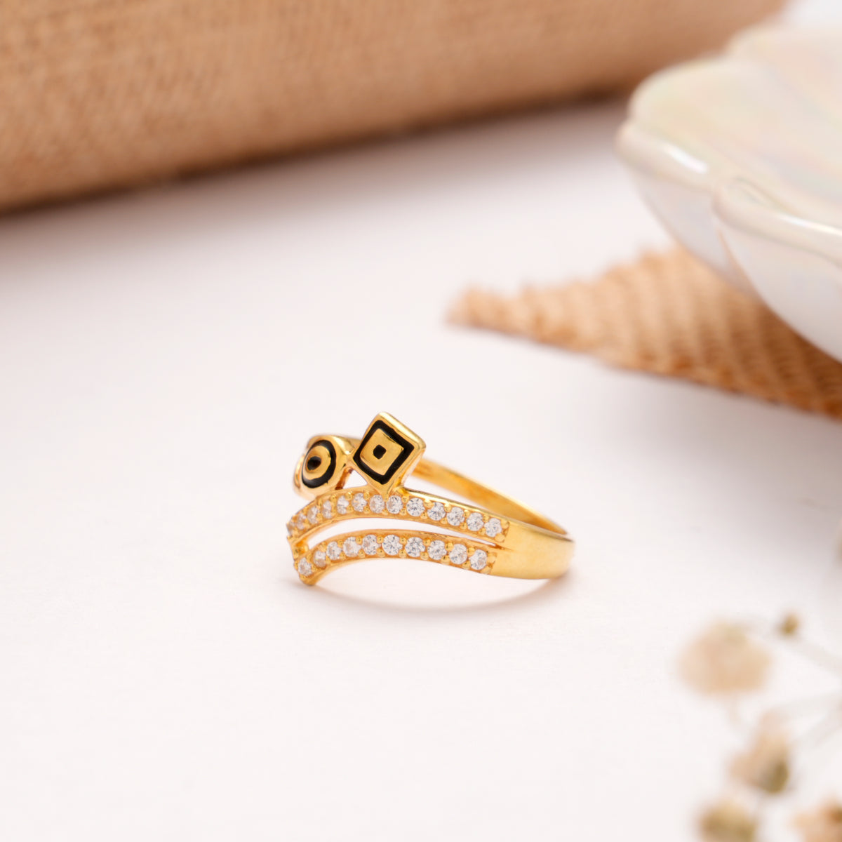 Evil Eye Design White Stone Golden Ring