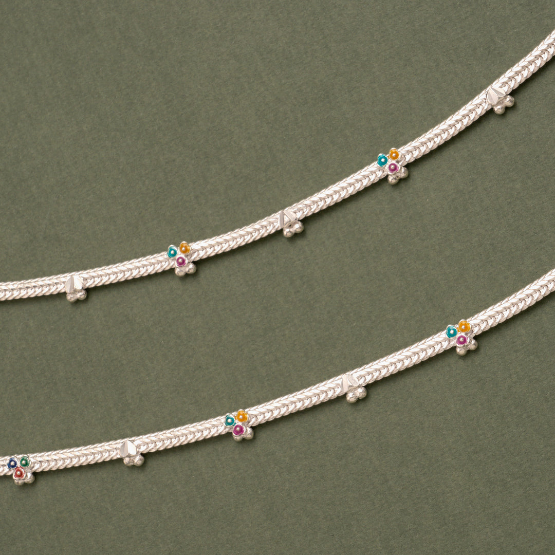 Floral Enamel Drop Silver Anklet