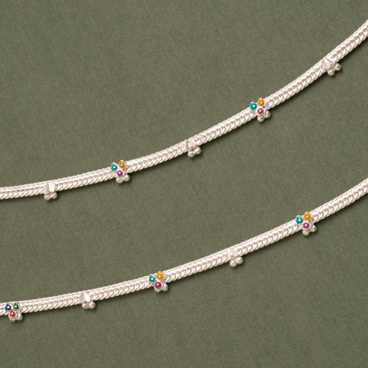Floral Enamel Drop Silver Anklet