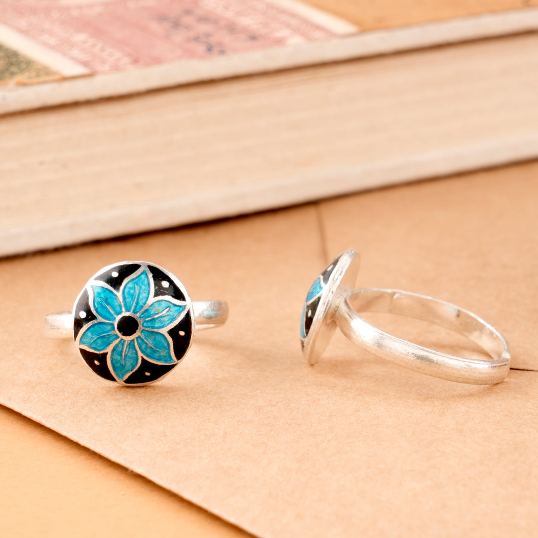 Blue & Black Enamel Floral Silver Toe Ring