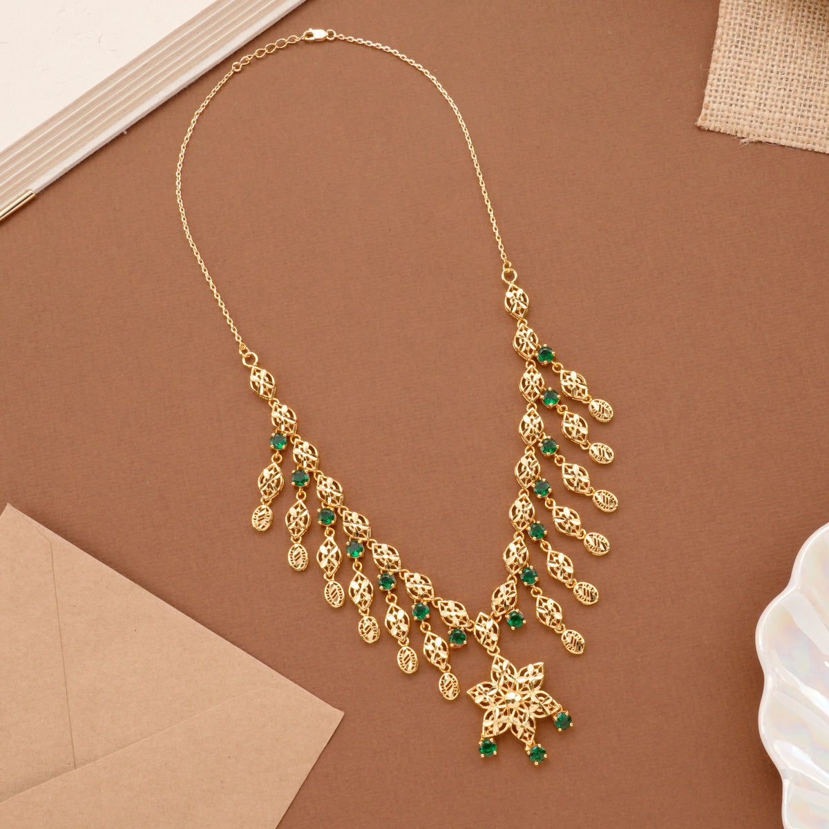 Floral Emerald Stone Gold Plated Necklace Set