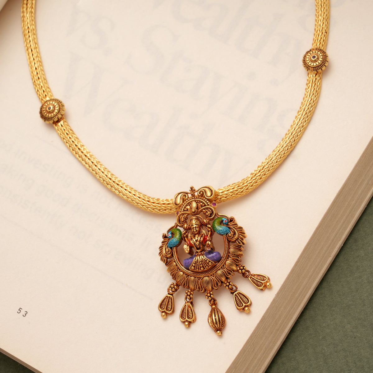 Goddess Lakshmi Peacock Design Golden Necklace