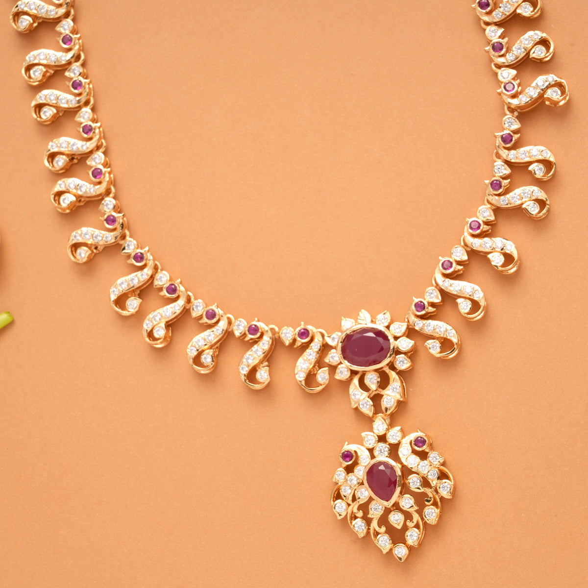 Traditional Peacock Design Ruby Stone Golden Necklace