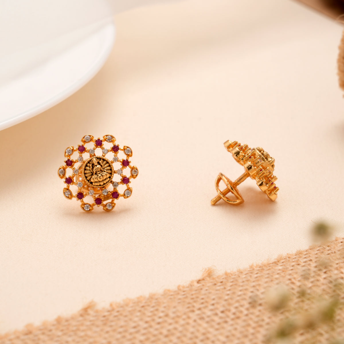 Maha Lakshmi Golden Stud with White Stones
