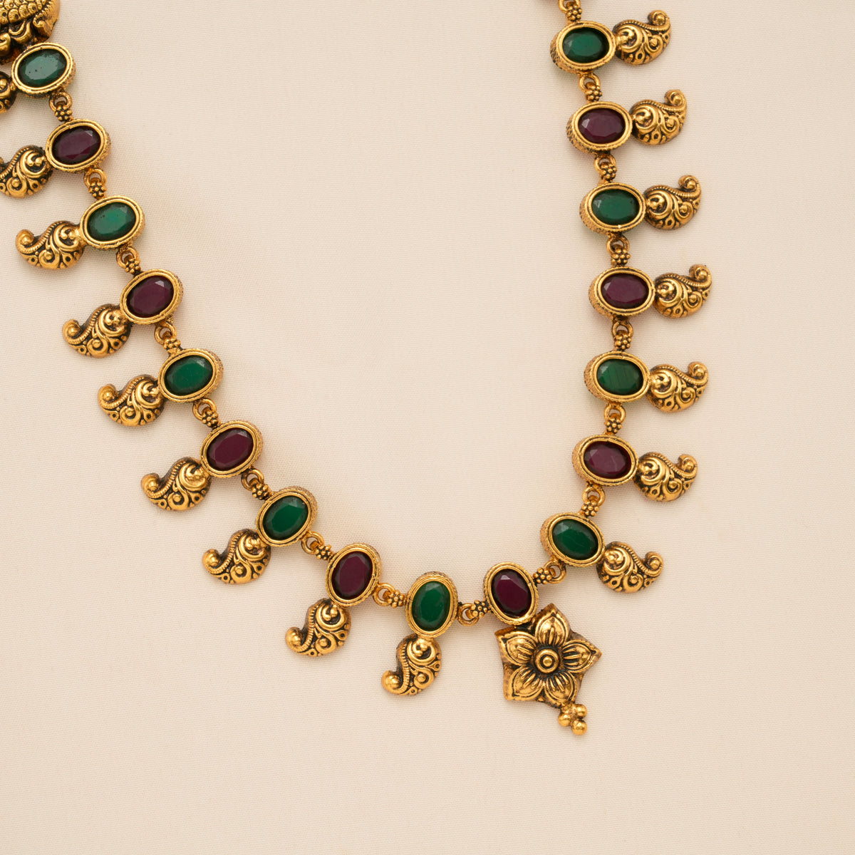 Antique Red and Green Stone Golden Long Necklace