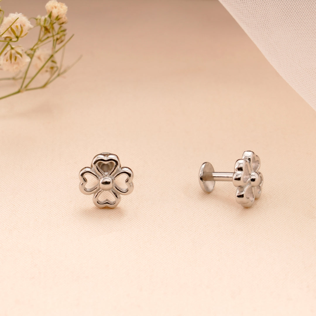 Minimalist Four-Leaf Clover Silver Stud
