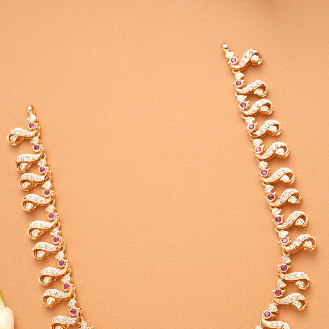 Traditional Peacock Design Ruby Stone Golden Necklace