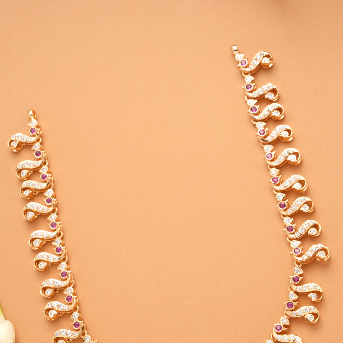 Traditional Peacock Design Ruby Stone Golden Necklace