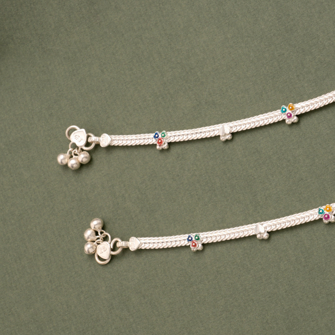 Floral Enamel Drop Silver Anklet