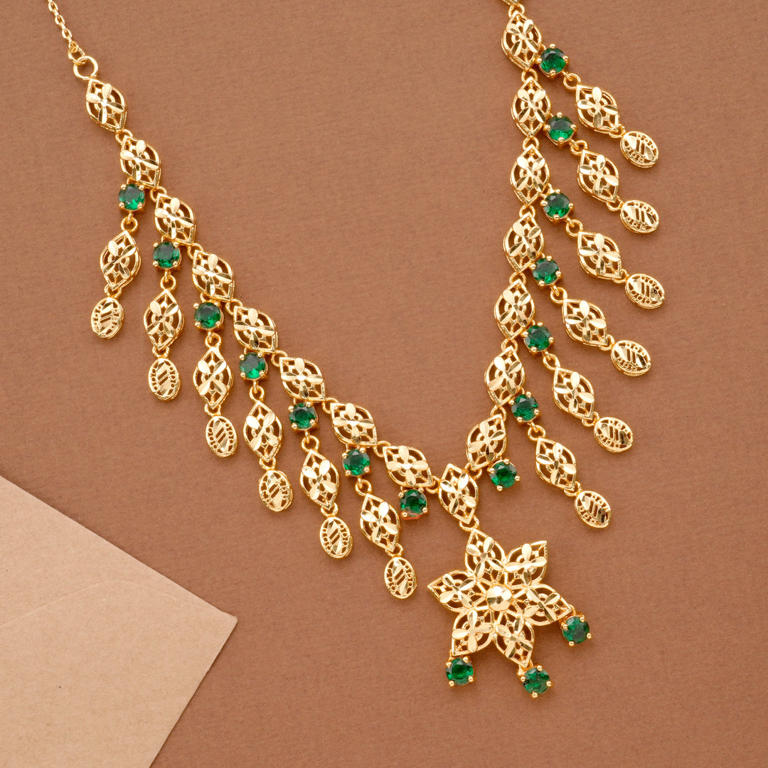 Floral Emerald Stone Gold Plated Necklace Set